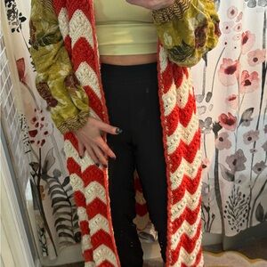 Chevron Patterned Red and Cream Women's Sweater